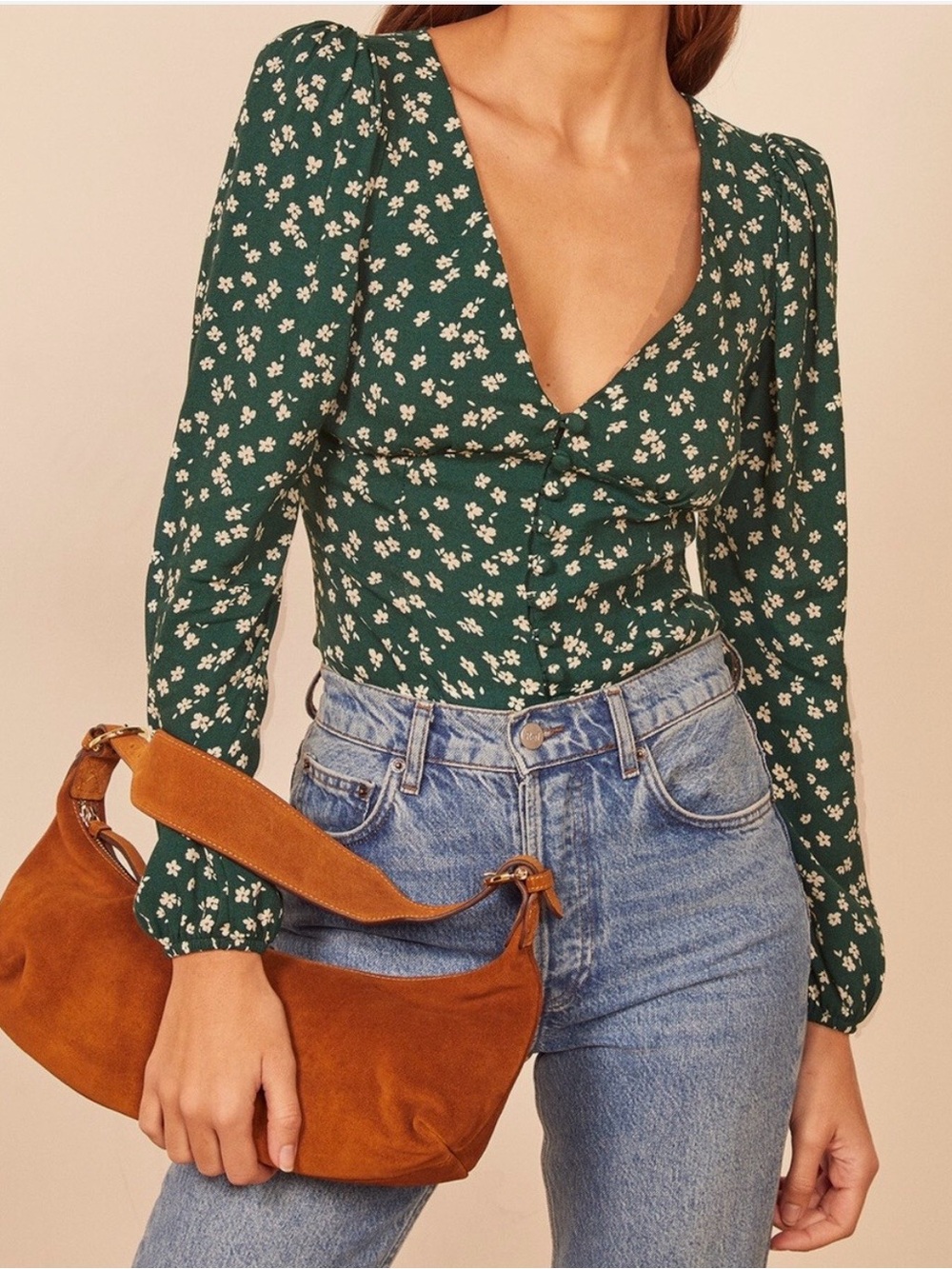 Reformation Green Floral Long-Sleeve Blouse